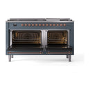 Blue grey dual-fuel range with both ovens open and copper-trim door handles