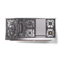 Dual-fuel range cooktop top view with burner grates and center module