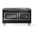 Glossy black dual fuel gas range showing two oven doors with chrome trim and glass