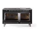 Glossy black range with two open ovens, chrome racks, and illuminated burners