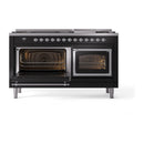 Glossy black dual fuel range with left oven open and right oven door glass