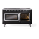 Glossy black dual fuel range with right oven door open and left oven door closed