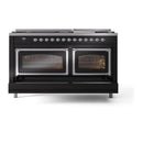 Glossy black dual fuel gas range front view with two glass oven doors and burner knobs