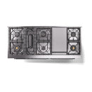Top view of glossy black gas range with burner grates and central griddle section