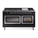 Glossy black dual fuel range with chrome-trim ovens and six-burner cooktop