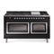 ILVE Nostalgie II Noblesse 60-Inch 5.8 Cu. Ft. Dual Oven Natural Gas Dual Fuel Range with 9 Burners, Griddle and Triple Glass Door in Glossy Black with Chrome Trim (UN60FNMPBKC)