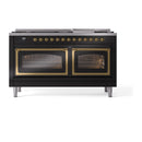 Front view of glossy black dual fuel range with brass-trimmed knobs and two glass ovens