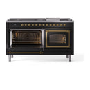 Dual fuel range with left oven open and right oven door closed, brass-trim details