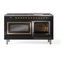 Dual fuel range with left glass door closed and right oven door open, visible racks