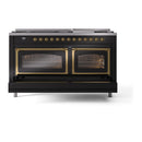 Dual fuel range front with two brass-trim oven doors and glass windows