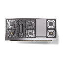 Top view of dual fuel range cooktop with burner grates and brass trim