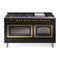 ILVE Nostalgie II Noblesse 60-Inch 5.8 Cu. Ft. Dual Oven Propane Gas Dual Fuel Range with 9 Burners, Griddle and Triple Glass Door in Glossy Black with Brass Trim (UN60FNMPBKGLP)