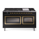 Glossy black dual fuel range with brass-trim oven doors and gas cooktop burners