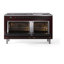 Burgundy dual-fuel range with both oven compartments open, racks visible, bronze trim