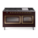 Burgundy dual-fuel range with brass-trim doors and two large glass oven windows