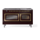 Burgundy dual-fuel range with brass-trim oven doors and two glass viewing windows