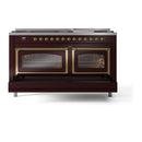 Burgundy dual-fuel range with brass-trim oven doors and three-quarter front view