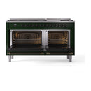 Emerald green dual fuel range with both oven doors open and interior lights on