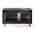 Emerald green range with both ovens open, grates and heating elements visible