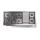 Emerald green range back panel with burner grates and brass trim rail