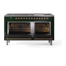 Emerald green range with both ovens open, showing racks and copper-trim door frames