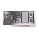 Cooktop burner grates and burner layout on emerald green range with copper accents