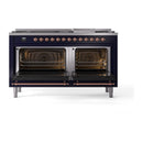 Midnight blue dual fuel range with both ovens open, copper trim, and racks