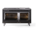 Matte graphite dual fuel range with both ovens open, showing lit interiors and racks