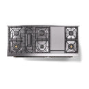Burner grate layout on a matte graphite dual fuel range with multiple burners