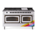 ILVE dual-fuel range with black griddle, control knobs, and two glass oven doors