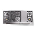 ILVE dual-fuel range top view showing burner grates and front control section