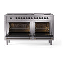 Dual fuel range with both ovens open, showing black racks and heating elements