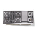 Stainless steel range top view with burner grates and internal burner configuration