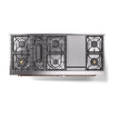 Dual fuel range bottom view with four cooktop burners and copper gas trim