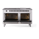 White range with both oven doors open, illuminated double ovens and bronze handles