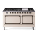 Antique white dual fuel range with bronze trim, sealed burners and griddle