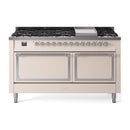 Antique white dual-fuel gas range with chrome control knobs and 9 sealed burners