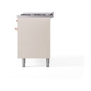 Antique white back side of gas dual-fuel range with copper trim and leveling legs