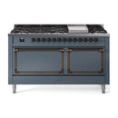 Blue gray dual fuel range with bronze trim, 9 sealed burners and two oven doors