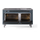 Blue gray dual fuel range with bronze trim, dual ovens open and burner controls
