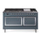 ILVE Nostalgie II Noblesse 60-Inch 5.8 Cu. Ft. Dual Oven Natural Gas Dual Fuel Range with 9 Burners, Griddle and Solid Door in Blue Grey with Chrome Trim (UN60FQNMPBGC)