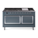 Dual-fuel gas range in blue gray with dual oven doors and 9 sealed burners, griddle