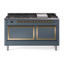 Blue grey dual-fuel range with brass-trimmed controls and two solid oven doors
