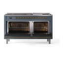 Blue grey range with brass-trimmed burners and two open oven doors