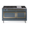 ILVE Nostalgie II Noblesse 60-Inch 5.8 Cu. Ft. Dual Oven Natural Gas Dual Fuel Range with 9 Burners, Griddle and Solid Door in Blue Grey with Brass Trim (UN60FQNMPBGG)