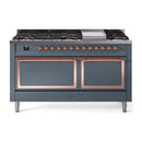 Dual fuel range with blue-grey body, copper-trim knobs, and sealed burners