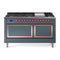 ILVE Nostalgie II Noblesse 60-Inch 5.8 Cu. Ft. Dual Oven Natural Gas Dual Fuel Range with 9 Burners, Griddle and Solid Door in Blue Grey with Copper Trim (UN60FQNMPBGP)