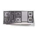 Dual fuel range cooktop underside, showing burner grates and center bridge