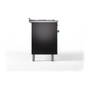 Rear view of dual fuel range with glossy black panel, side ports, and leveling feet