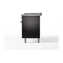 Glossy black dual fuel range with bronze-trim side panel and leveling legs